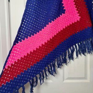 Vintage 70s/80s Handmade Crochet Shawl – Bold Pink, Red & Blue with Fringe